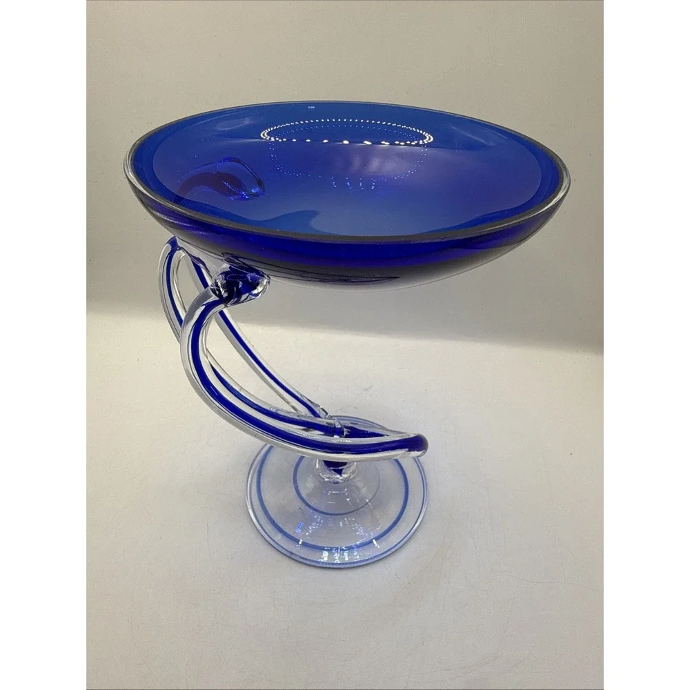Vintage Jozefina Krosno Poland Cobalt & Clear Art Glass Pedestal 6.75
